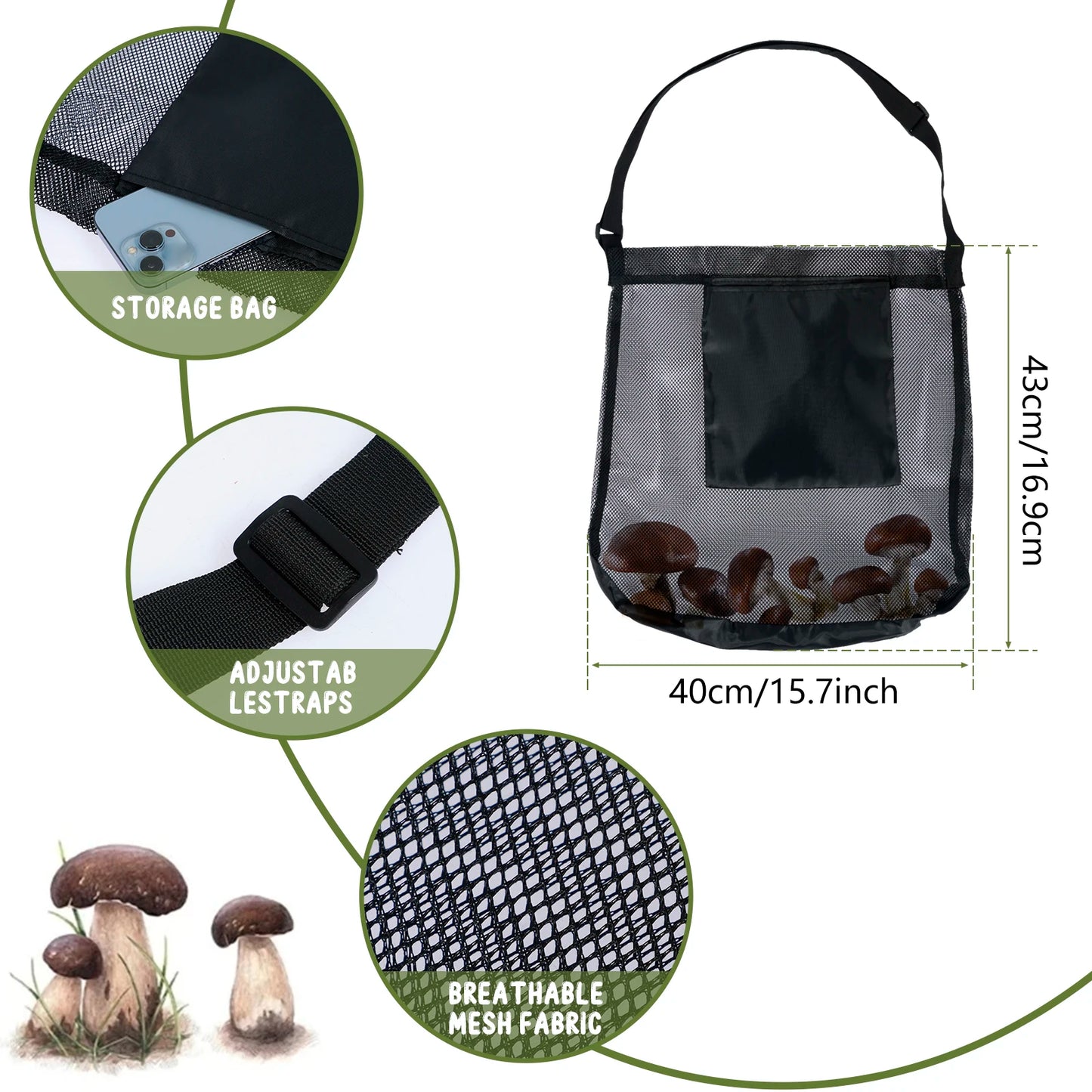 1/2Pcs Multipurpose Storage Bag Mesh Mushroom Foraging Bag With Adjustable Shoulder Strap Large Capacity Outdoor Shopping Pouch